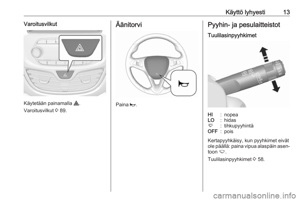 OPEL KARL 2016.5  Ohjekirja (in Finnish) Käyttö lyhyesti13Varoitusvilkut
Käytetään painamalla ¨.
Varoitusvilkut  3 89.
Äänitorvi
Paina  j.
Pyyhin- ja pesulaitteistot
TuulilasinpyyhkimetHI:nopeaLO:hidasE:tihkupyyhintäOFF:pois
Kertapy