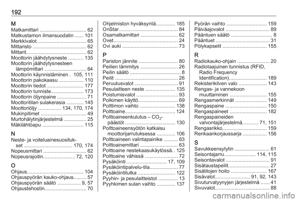 OPEL KARL 2016.5  Ohjekirja (in Finnish) 192MMatkamittari  ................................. 62
Matkustamon ilmansuodatin  ......101
Merkkivalot ................................... 65
Mittaristo  ...................................... 62
Mit