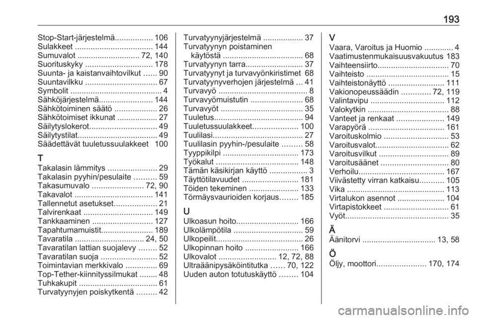 OPEL KARL 2016.5  Ohjekirja (in Finnish) 193Stop-Start-järjestelmä.................106
Sulakkeet  ................................... 144
Sumuvalot ............................ 72, 140
Suorituskyky  .............................. 178
Suunt