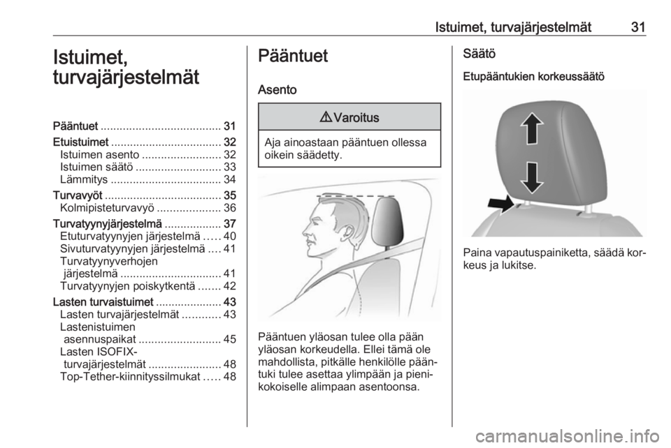 OPEL KARL 2016.5  Ohjekirja (in Finnish) Istuimet, turvajärjestelmät31Istuimet,
turvajärjestelmätPääntuet ...................................... 31
Etuistuimet ................................... 32
Istuimen asento ....................