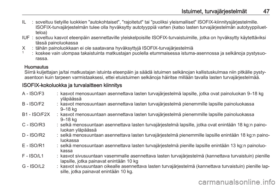 OPEL KARL 2016.5  Ohjekirja (in Finnish) Istuimet, turvajärjestelmät47IL:soveltuu tietyille luokkien "autokohtaiset", "rajoitetut" tai "puoliksi yleismalliset" ISOFIX-kiinnitysjärjestelmille.
ISOFIX-turvajärjestel