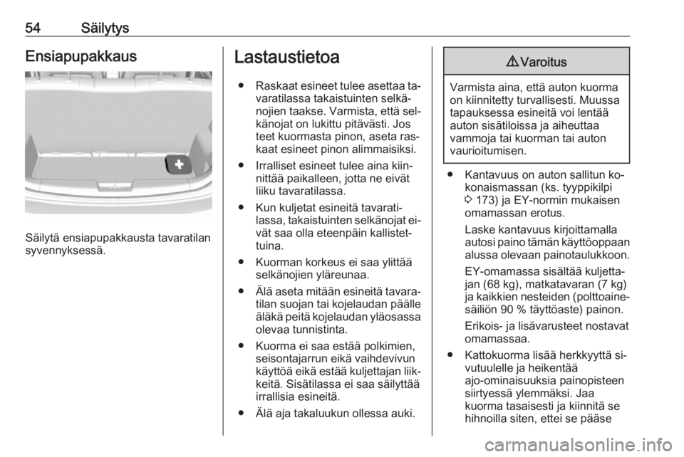 OPEL KARL 2016.5  Ohjekirja (in Finnish) 54SäilytysEnsiapupakkaus
Säilytä ensiapupakkausta tavaratilan
syvennyksessä.
Lastaustietoa
● Raskaat esineet tulee asettaa ta‐
varatilassa takaistuinten selkä‐
nojien taakse. Varmista, ett�