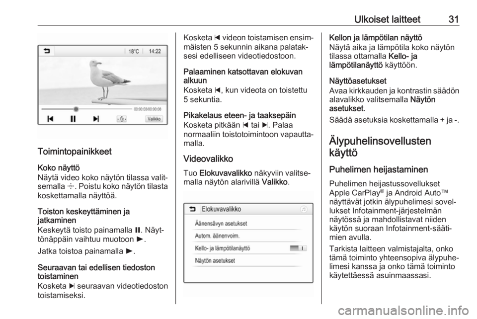OPEL KARL 2017  Infotainment-ohjekirja (in Finnish) Ulkoiset laitteet31
ToimintopainikkeetKoko näyttö
Näytä video koko näytön tilassa valit‐
semalla  x. Poistu koko näytön tilasta
koskettamalla näyttöä.
Toiston keskeyttäminen ja
jatkamine