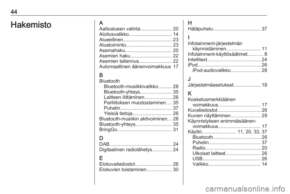 OPEL KARL 2017 Infotainment-ohjekirja (in Finnish) 44HakemistoAAaltoalueen valinta .......................20
Aloitusvalikko ................................ 14
Alueellinen .................................... 23
Aluetoiminto .......................... OPEL KARL 2017 Infotainment-ohjekirja (in Finnish) 44HakemistoAAaltoalueen valinta .......................20
Aloitusvalikko ................................ 14
Alueellinen .................................... 23
Aluetoiminto ..........................