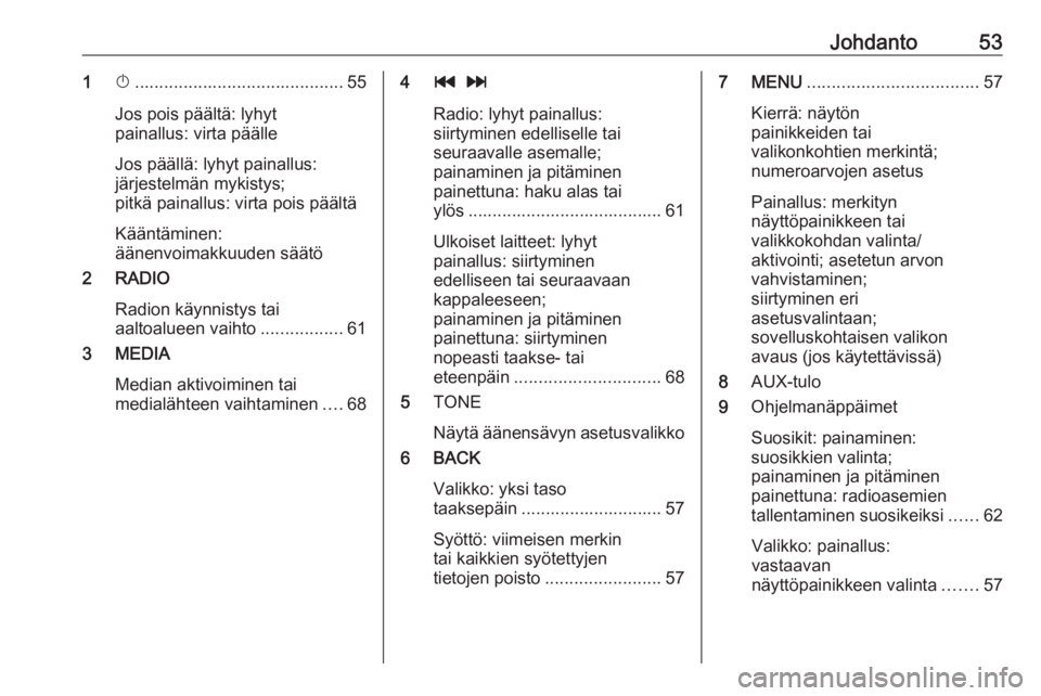 OPEL KARL 2017 Infotainment-ohjekirja (in Finnish) Johdanto531X........................................... 55
Jos pois päältä: lyhyt
painallus: virta päälle
Jos päällä: lyhyt painallus:
järjestelmän mykistys;
pitkä painallus: virta pois pä OPEL KARL 2017 Infotainment-ohjekirja (in Finnish) Johdanto531X........................................... 55
Jos pois päältä: lyhyt
painallus: virta päälle
Jos päällä: lyhyt painallus:
järjestelmän mykistys;
pitkä painallus: virta pois pä