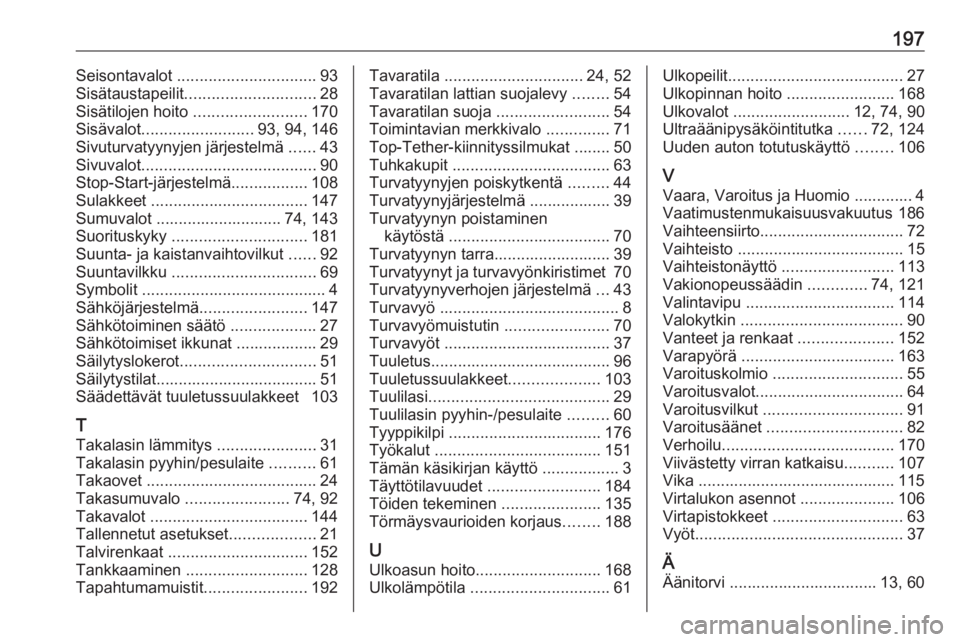 OPEL KARL 2017  Ohjekirja (in Finnish) 197Seisontavalot ............................... 93
Sisätaustapeilit ............................. 28
Sisätilojen hoito  ......................... 170
Sisävalot ......................... 93, 94, 14
