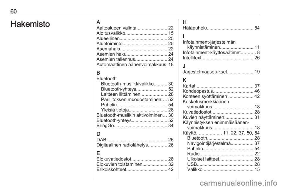 OPEL KARL 2018 Infotainment-ohjekirja (in Finnish) 60HakemistoAAaltoalueen valinta .......................22
Aloitusvalikko ................................ 15
Alueellinen .................................... 25
Aluetoiminto .......................... OPEL KARL 2018 Infotainment-ohjekirja (in Finnish) 60HakemistoAAaltoalueen valinta .......................22
Aloitusvalikko ................................ 15
Alueellinen .................................... 25
Aluetoiminto ..........................