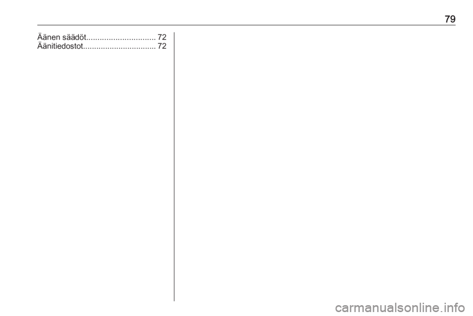 OPEL KARL 2019 Infotainment-ohjekirja (in Finnish) 79Äänen säädöt............................... 72
Äänitiedostot ................................. 72 OPEL KARL 2019 Infotainment-ohjekirja (in Finnish) 79Äänen säädöt............................... 72
Äänitiedostot ................................. 72