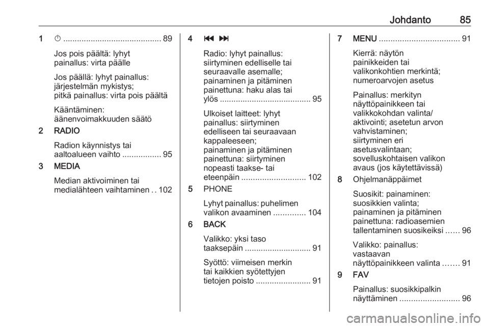 OPEL KARL 2019 Infotainment-ohjekirja (in Finnish) Johdanto851X........................................... 89
Jos pois päältä: lyhyt
painallus: virta päälle
Jos päällä: lyhyt painallus:
järjestelmän mykistys;
pitkä painallus: virta pois pä OPEL KARL 2019 Infotainment-ohjekirja (in Finnish) Johdanto851X........................................... 89
Jos pois päältä: lyhyt
painallus: virta päälle
Jos päällä: lyhyt painallus:
järjestelmän mykistys;
pitkä painallus: virta pois pä