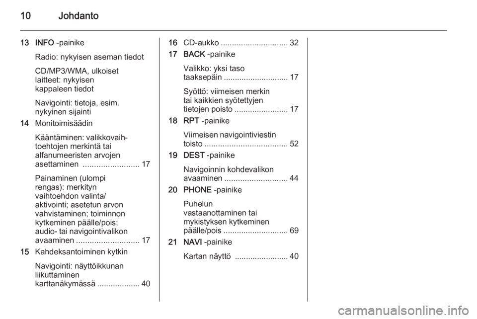 OPEL MERIVA 2015 Infotainment-ohjekirja (in Finnish) 10Johdanto
13 INFO -painike
Radio: nykyisen aseman tiedot CD/MP3/WMA, ulkoiset
laitteet: nykyisen
kappaleen tiedot
Navigointi: tietoja, esim.
nykyinen sijainti
14 Monitoimisäädin
Kääntäminen: val OPEL MERIVA 2015 Infotainment-ohjekirja (in Finnish) 10Johdanto
13 INFO -painike
Radio: nykyisen aseman tiedot CD/MP3/WMA, ulkoiset
laitteet: nykyisen
kappaleen tiedot
Navigointi: tietoja, esim.
nykyinen sijainti
14 Monitoimisäädin
Kääntäminen: val