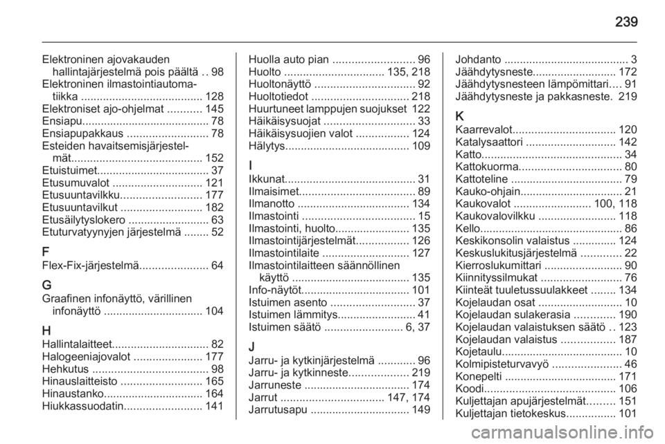 OPEL MERIVA 2015 Ohjekirja (in Finnish) 239
Elektroninen ajovakaudenhallintajärjestelmä pois päältä ..98
Elektroninen ilmastointiautoma‐ tiikka ....................................... 128
Elektroniset ajo-ohjelmat ...........145
E OPEL MERIVA 2015 Ohjekirja (in Finnish) 239
Elektroninen ajovakaudenhallintajärjestelmä pois päältä ..98
Elektroninen ilmastointiautoma‐ tiikka ....................................... 128
Elektroniset ajo-ohjelmat ...........145
E