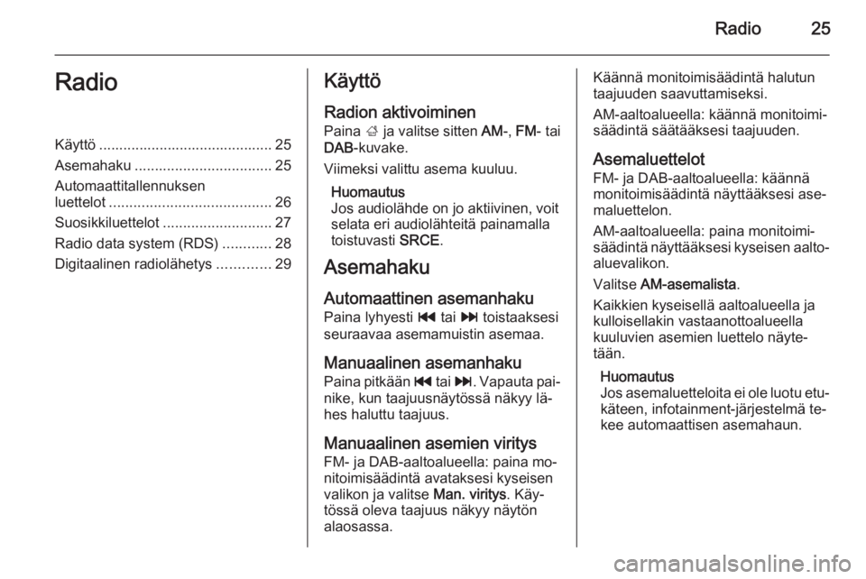 OPEL MERIVA 2015.5  Infotainment-ohjekirja (in Finnish) Radio25RadioKäyttö ........................................... 25
Asemahaku .................................. 25
Automaattitallennuksen
luettelot ........................................ 26
Suosikk