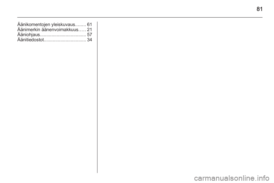 OPEL MERIVA 2015.5  Infotainment-ohjekirja (in Finnish) 81
Äänikomentojen yleiskuvaus........61
Äänimerkin äänenvoimakkuus .....21
Ääniohjaus .................................... 57
Äänitiedostot ................................. 34 