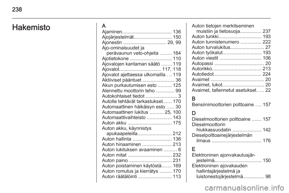 OPEL MERIVA 2015.5  Ohjekirja (in Finnish) 238HakemistoAAjaminen..................................... 136Ajojärjestelmät ............................ 150
Ajonestin  ................................ 29, 99
Ajo-ominaisuudet ja perävaunun veto