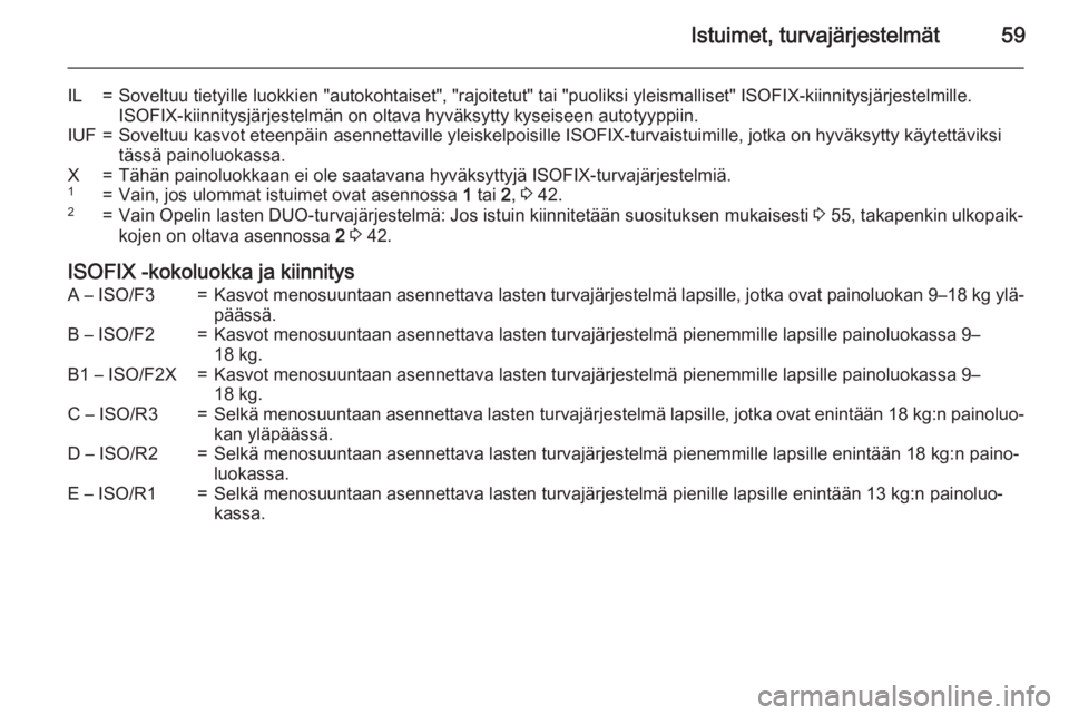 OPEL MERIVA 2015.5  Ohjekirja (in Finnish) Istuimet, turvajärjestelmät59
IL=Soveltuu tietyille luokkien "autokohtaiset", "rajoitetut" tai "puoliksi yleismalliset" ISOFIX-kiinnitysjärjestelmille.
ISOFIX-kiinnitysjärj
