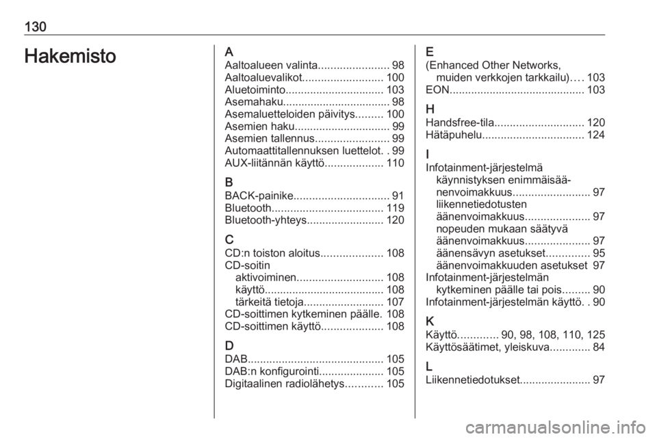 OPEL MERIVA 2016  Infotainment-ohjekirja (in Finnish) 130HakemistoAAaltoalueen valinta .......................98
Aaltoaluevalikot .......................... 100
Aluetoiminto ................................ 103
Asemahaku..................................