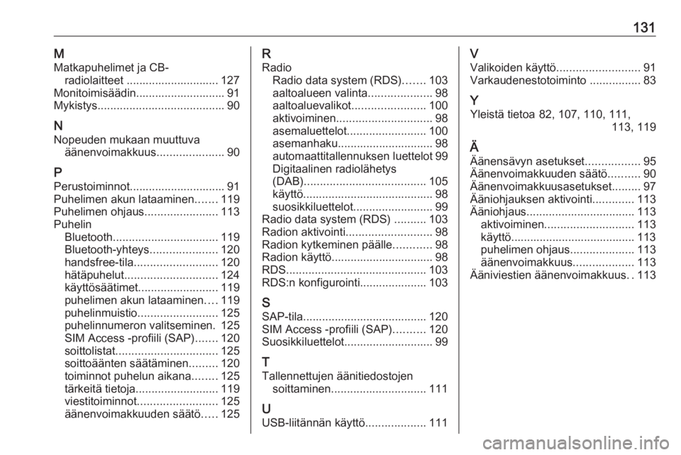 OPEL MERIVA 2016 Infotainment-ohjekirja (in Finnish) 131MMatkapuhelimet ja CB- radiolaitteet ............................. 127
Monitoimisäädin............................ 91
Mykistys ........................................ 90
N Nopeuden mukaan muuttu OPEL MERIVA 2016 Infotainment-ohjekirja (in Finnish) 131MMatkapuhelimet ja CB- radiolaitteet ............................. 127
Monitoimisäädin............................ 91
Mykistys ........................................ 90
N Nopeuden mukaan muuttu