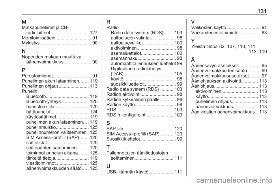 OPEL MERIVA 2016  Infotainment-ohjekirja (in Finnish) 131MMatkapuhelimet ja CB- radiolaitteet ............................. 127
Monitoimisäädin............................ 91
Mykistys ........................................ 90
N Nopeuden mukaan muuttu