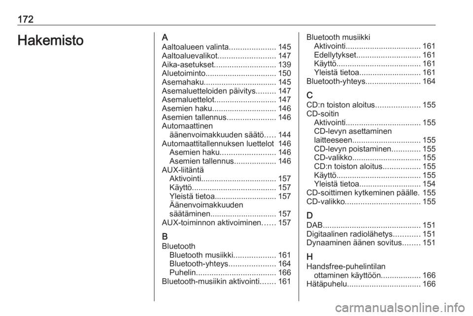 OPEL MERIVA 2016  Infotainment-ohjekirja (in Finnish) 172HakemistoAAaltoalueen valinta .....................145
Aaltoaluevalikot .......................... 147
Aika-asetukset ............................ 139
Aluetoiminto ................................ 