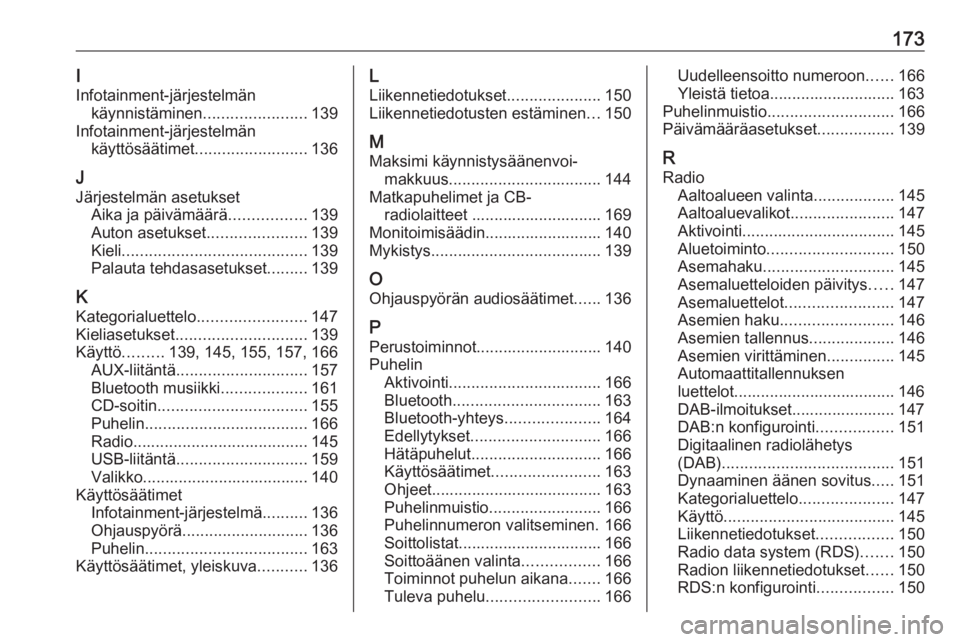OPEL MERIVA 2016  Infotainment-ohjekirja (in Finnish) 173I
Infotainment-järjestelmän käynnistäminen .......................139
Infotainment-järjestelmän käyttösäätimet ......................... 136
J
Järjestelmän asetukset Aika ja päivämä�