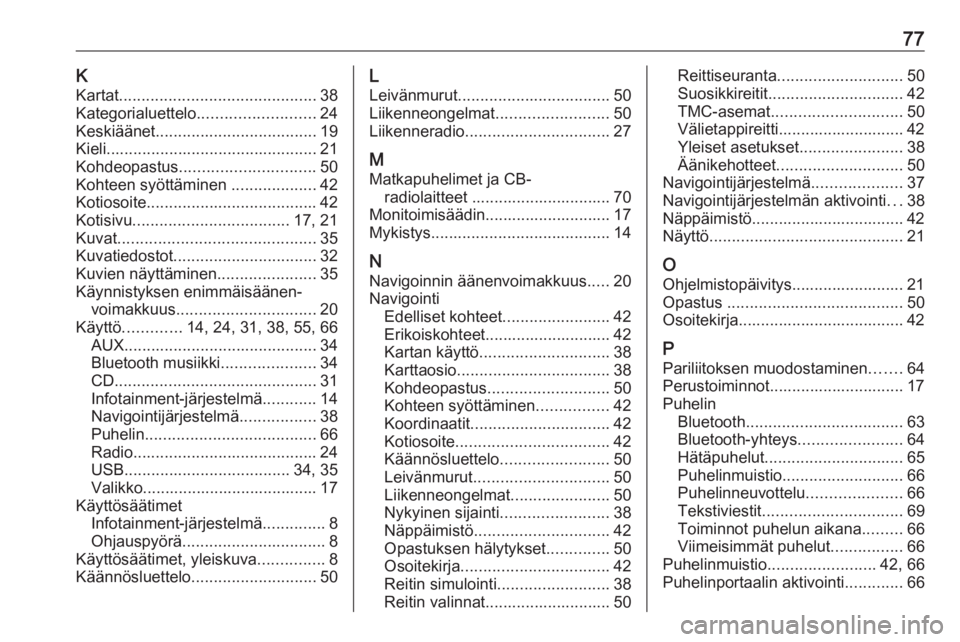 OPEL MERIVA 2016  Infotainment-ohjekirja (in Finnish) 77KKartat ............................................ 38
Kategorialuettelo .......................... 24
Keskiäänet .................................... 19
Kieli ...................................