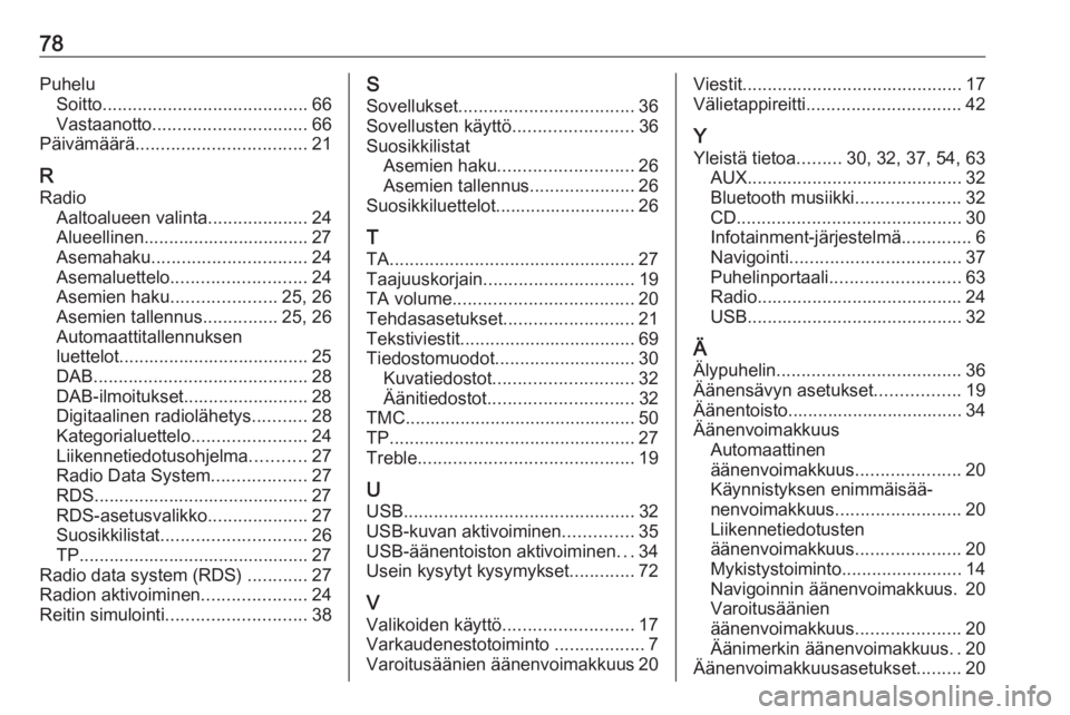 OPEL MERIVA 2016  Infotainment-ohjekirja (in Finnish) 78PuheluSoitto ......................................... 66
Vastaanotto ............................... 66
Päivämäärä .................................. 21
R Radio Aaltoalueen valinta ...........