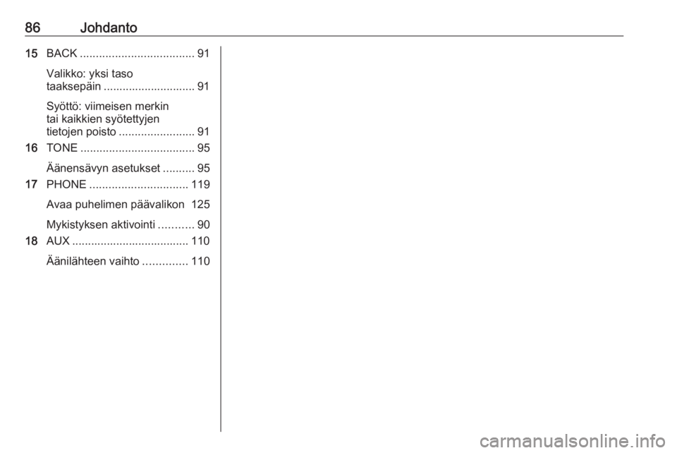 OPEL MERIVA 2016  Infotainment-ohjekirja (in Finnish) 86Johdanto15BACK .................................... 91
Valikko: yksi taso
taaksepäin ............................. 91
Syöttö: viimeisen merkin
tai kaikkien syötettyjen
tietojen poisto ..........