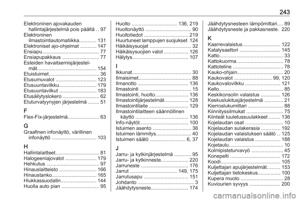 OPEL MERIVA 2016  Ohjekirja (in Finnish) 243Elektroninen ajovakaudenhallintajärjestelmä pois päältä  ..97
Elektroninen ilmastointiautomatiikka ............131
Elektroniset ajo-ohjelmat  ...........147
Ensiapu............................