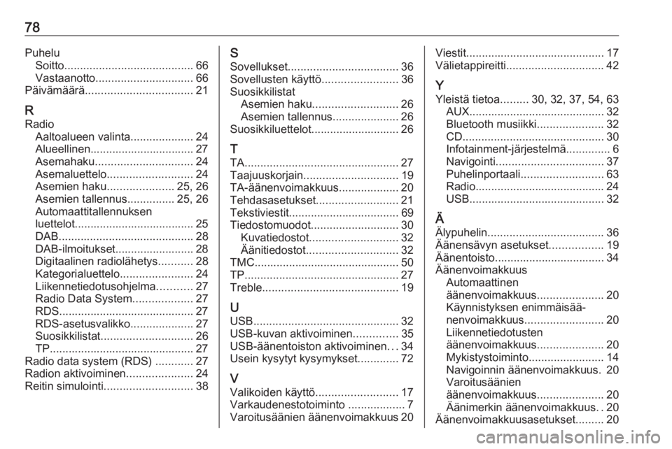 OPEL MERIVA 2016.5  Infotainment-ohjekirja (in Finnish) 78PuheluSoitto ......................................... 66
Vastaanotto ............................... 66
Päivämäärä .................................. 21
R Radio Aaltoalueen valinta ...........