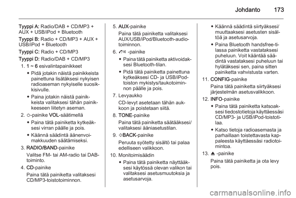 OPEL MOKKA 2014 Infotainment-ohjekirja (in Finnish) Johdanto173
Tyyppi A: Radio/DAB + CD/MP3 +
AUX + USB/iPod + Bluetooth
Tyyppi B: Radio + CD/MP3 + AUX +
USB/iPod + Bluetooth
Tyyppi C: Radio + CD/MP3
Tyyppi D: Radio/DAB + CD/MP3
1. 1 ~ 6 esivalint OPEL MOKKA 2014 Infotainment-ohjekirja (in Finnish) Johdanto173
Tyyppi A: Radio/DAB + CD/MP3 +
AUX + USB/iPod + Bluetooth
Tyyppi B: Radio + CD/MP3 + AUX +
USB/iPod + Bluetooth
Tyyppi C: Radio + CD/MP3
Tyyppi D: Radio/DAB + CD/MP3
1. 1 ~ 6 esivalint