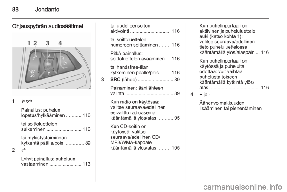 OPEL MOKKA 2015.5 Infotainment-ohjekirja (in Finnish) 88Johdanto
Ohjauspyörän audiosäätimet
1xn
Painallus: puhelun
lopetus/hylkääminen ...........116
tai soittoluettelon
sulkeminen .......................... 116
tai mykistystoiminnon
kytkentä pä OPEL MOKKA 2015.5 Infotainment-ohjekirja (in Finnish) 88Johdanto
Ohjauspyörän audiosäätimet
1xn
Painallus: puhelun
lopetus/hylkääminen ...........116
tai soittoluettelon
sulkeminen .......................... 116
tai mykistystoiminnon
kytkentä pä