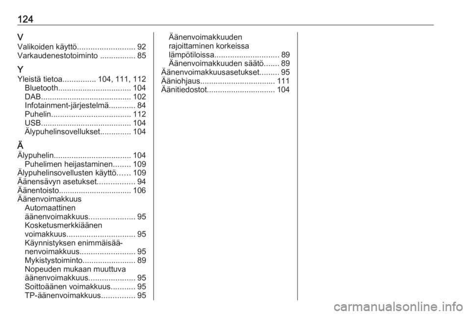 OPEL MOKKA X 2017  Infotainment-ohjekirja (in Finnish) 124VValikoiden käyttö .......................... 92
Varkaudenestotoiminto  ................85
Y Yleistä tietoa ...............104, 111, 112
Bluetooth ................................. 104
DAB .....