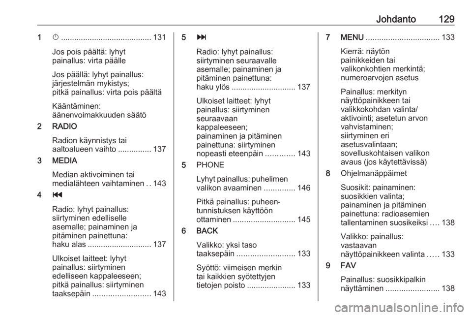 OPEL MOKKA X 2017  Infotainment-ohjekirja (in Finnish) Johdanto1291X......................................... 131
Jos pois päältä: lyhyt
painallus: virta päälle
Jos päällä: lyhyt painallus:
järjestelmän mykistys;
pitkä painallus: virta pois pä