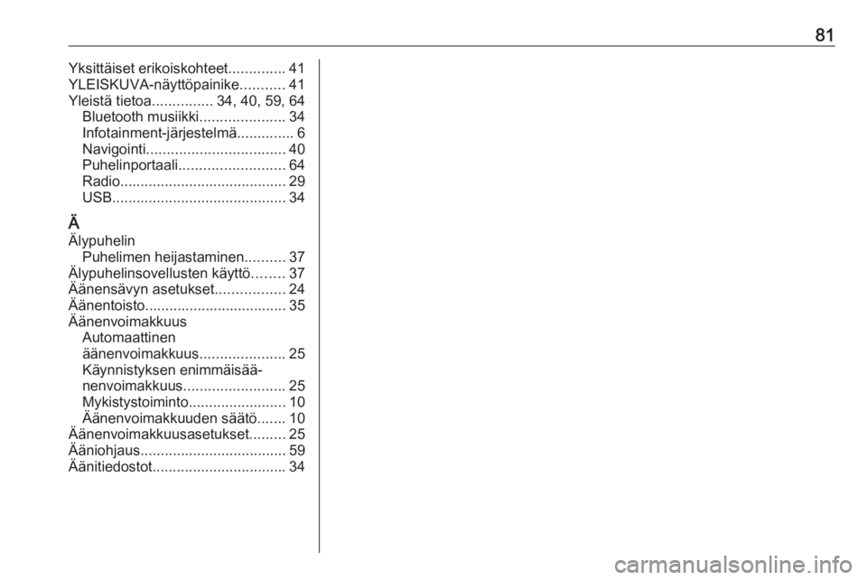 OPEL MOKKA X 2017  Infotainment-ohjekirja (in Finnish) 81Yksittäiset erikoiskohteet..............41
YLEISKUVA-näyttöpainike ...........41
Yleistä tietoa ...............34, 40, 59, 64
Bluetooth musiikki .....................34
Infotainment-järjestelm�
