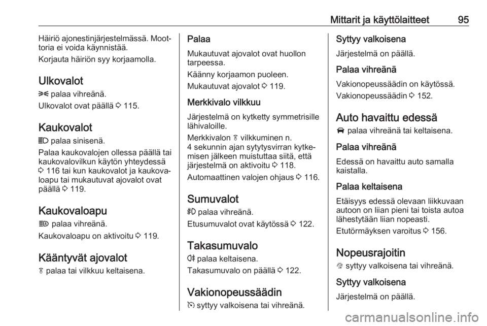 OPEL MOKKA X 2017 Ohjekirja (in Finnish) Mittarit ja käyttölaitteet95Häiriö ajonestinjärjestelmässä. Moot‐
toria ei voida käynnistää.
Korjauta häiriön syy korjaamolla.
Ulkovalot 8 palaa vihreänä.
Ulkovalot ovat päällä 3 OPEL MOKKA X 2017 Ohjekirja (in Finnish) Mittarit ja käyttölaitteet95Häiriö ajonestinjärjestelmässä. Moot‐
toria ei voida käynnistää.
Korjauta häiriön syy korjaamolla.
Ulkovalot 8 palaa vihreänä.
Ulkovalot ovat päällä 3