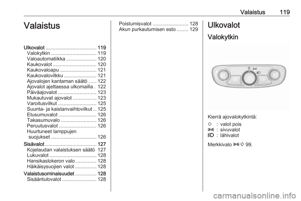 OPEL MOKKA X 2018 Infotainment-ohjekirja (in Finnish) Valaistus119ValaistusUlkovalot.................................... 119
Valokytkin ................................ 119
Valoautomatiikka .....................120
Kaukovalot ............................ OPEL MOKKA X 2018 Infotainment-ohjekirja (in Finnish) Valaistus119ValaistusUlkovalot.................................... 119
Valokytkin ................................ 119
Valoautomatiikka .....................120
Kaukovalot ............................