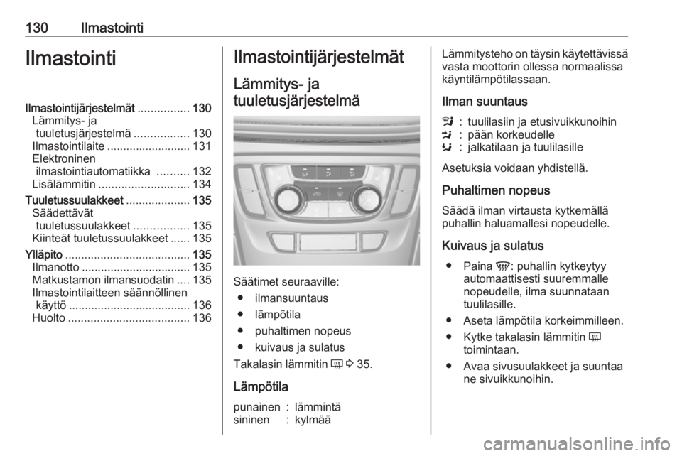 OPEL MOKKA X 2018 Infotainment-ohjekirja (in Finnish) 130IlmastointiIlmastointiIlmastointijärjestelmät................130
Lämmitys- ja tuuletusjärjestelmä .................130
Ilmastointilaite .......................... 131
Elektroninen ilmastointia OPEL MOKKA X 2018 Infotainment-ohjekirja (in Finnish) 130IlmastointiIlmastointiIlmastointijärjestelmät................130
Lämmitys- ja tuuletusjärjestelmä .................130
Ilmastointilaite .......................... 131
Elektroninen ilmastointia