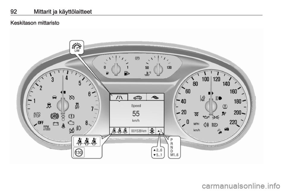 OPEL MOKKA X 2018  Infotainment-ohjekirja (in Finnish) 92Mittarit ja käyttölaitteetKeskitason mittaristo 