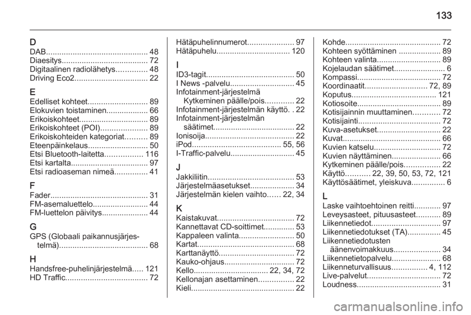 OPEL VIVARO B 2015.5  Infotainment-ohjekirja (in Finnish) 133
DDAB .............................................. 48
Diaesitys ....................................... 72
Digitaalinen radiolähetys ..............48
Driving Eco2 ...............................