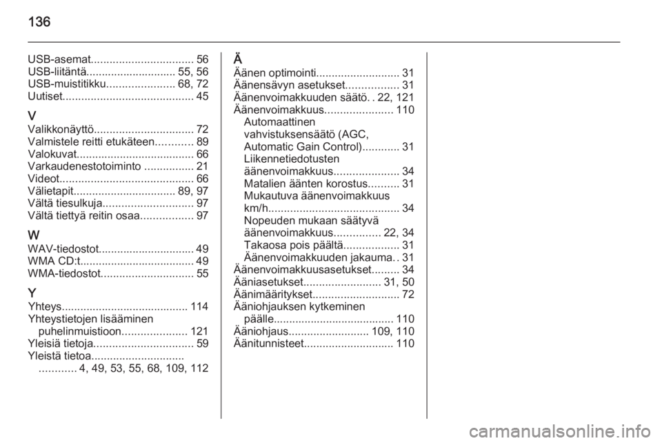 OPEL VIVARO B 2015.5  Infotainment-ohjekirja (in Finnish) 136
USB-asemat................................. 56
USB-liitäntä............................. 55, 56
USB-muistitikku ......................68, 72
Uutiset .......................................... 45