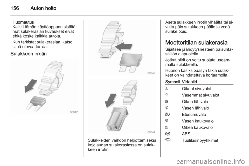 OPEL MOVANO_B 2015.5  Ohjekirja (in Finnish) 156Auton hoito
Huomautus
Kaikki tämän käyttöoppaan sisältä‐ mät sulakerasian kuvaukset eivät
ehkä koske kaikkia autoja.
Kun tarkistat sulakerasiaa, katso
siinä olevaa tarraa.
Sulakkeen irr