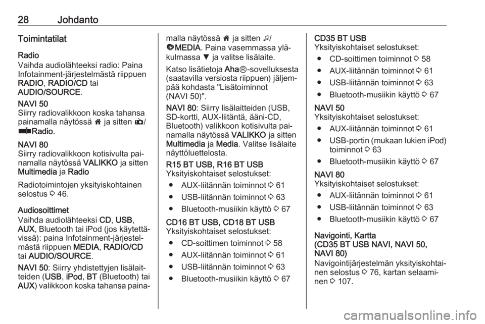 OPEL VIVARO B 2016 Infotainment-ohjekirja (in Finnish) 28JohdantoToimintatilat
Radio
Vaihda audiolähteeksi radio: Paina
Infotainment-järjestelmästä riippuen
RADIO , RADIO/CD tai
AUDIO/SOURCE .NAVI 50
Siirry radiovalikkoon koska tahansa
painamalla nä OPEL VIVARO B 2016 Infotainment-ohjekirja (in Finnish) 28JohdantoToimintatilat
Radio
Vaihda audiolähteeksi radio: Paina
Infotainment-järjestelmästä riippuen
RADIO , RADIO/CD tai
AUDIO/SOURCE .NAVI 50
Siirry radiovalikkoon koska tahansa
painamalla nä