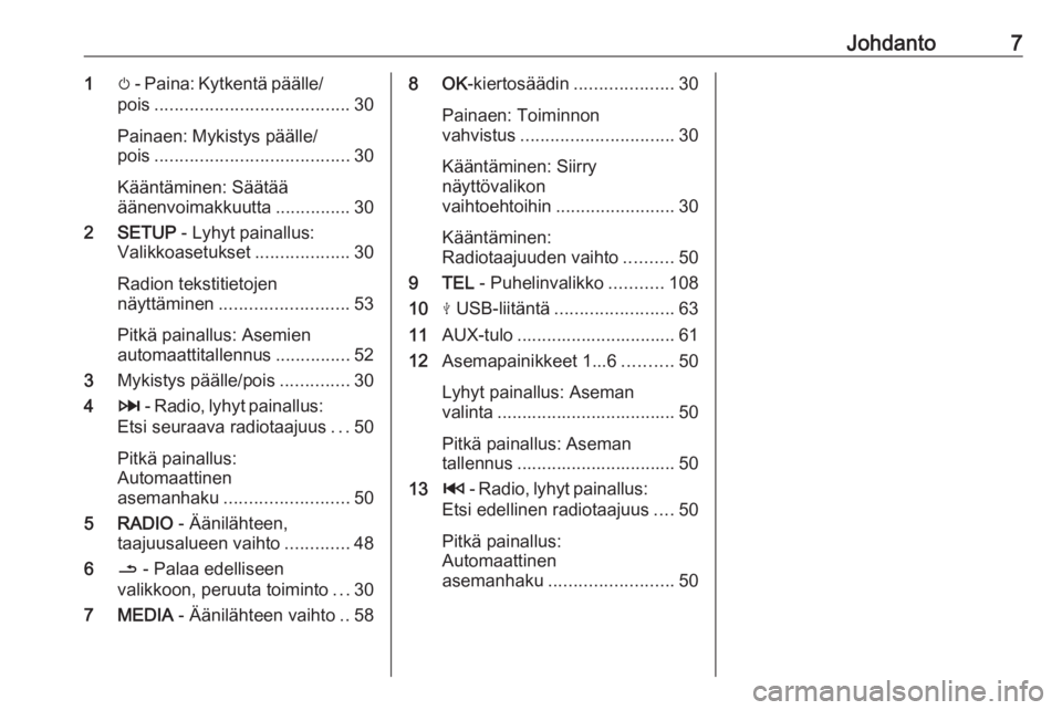OPEL VIVARO B 2018  Infotainment-ohjekirja (in Finnish) Johdanto71m - Paina: Kytkentä päälle/
pois ....................................... 30
Painaen: Mykistys päälle/
pois ....................................... 30
Kääntäminen: Säätää
äänenv