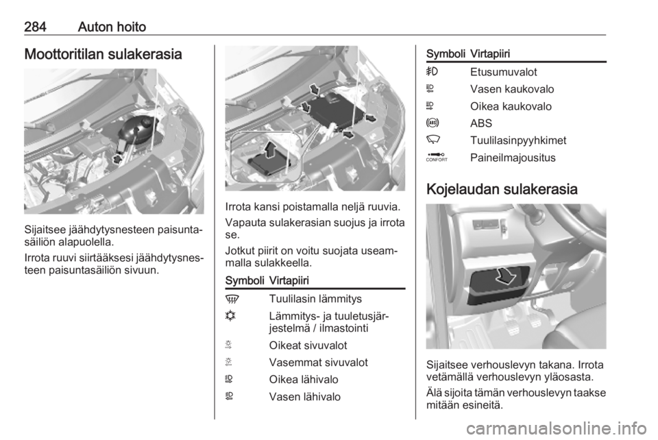 OPEL MOVANO_B 2020 Ohjekirja (in Finnish) 284Auton hoitoMoottoritilan sulakerasia
Sijaitsee jäähdytysnesteen paisunta‐
säiliön alapuolella.
Irrota ruuvi siirtääksesi jäähdytysnes‐ teen paisuntasäiliön sivuun.
Irrota kansi poista OPEL MOVANO_B 2020 Ohjekirja (in Finnish) 284Auton hoitoMoottoritilan sulakerasia
Sijaitsee jäähdytysnesteen paisunta‐
säiliön alapuolella.
Irrota ruuvi siirtääksesi jäähdytysnes‐ teen paisuntasäiliön sivuun.
Irrota kansi poista