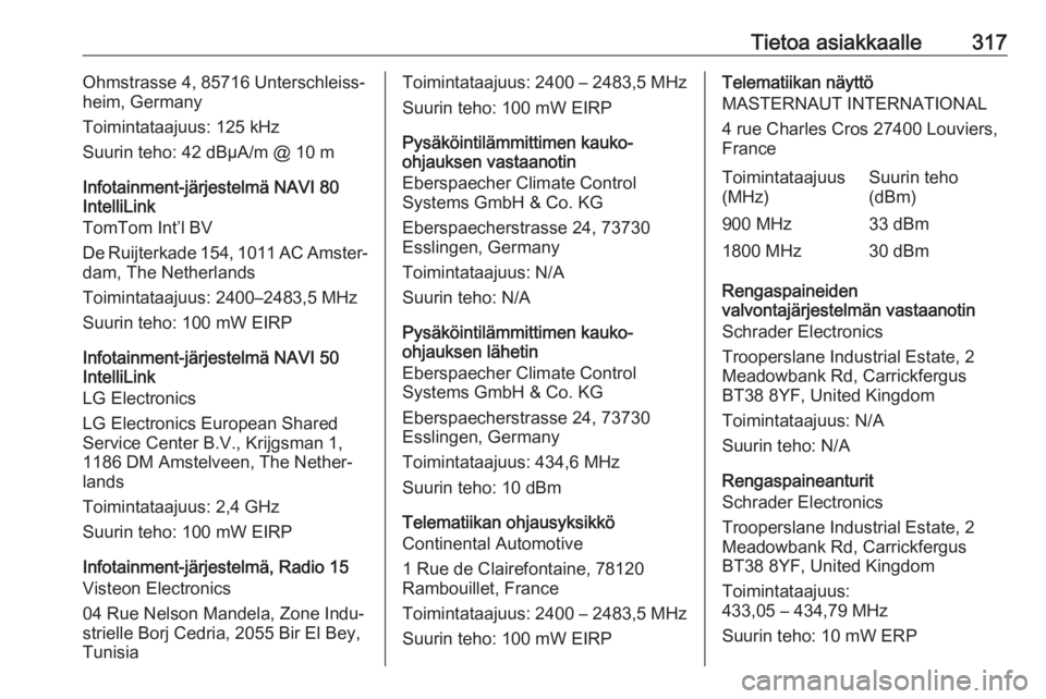 OPEL MOVANO_B 2020  Ohjekirja (in Finnish) Tietoa asiakkaalle317Ohmstrasse 4, 85716 Unterschleiss‐
heim, Germany
Toimintataajuus: 125 kHz
Suurin teho: 42 dBµA/m @ 10 m
Infotainment-järjestelmä NAVI 80 IntelliLink
TomTom Int’l BV
De Ruij