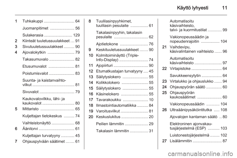 OPEL VIVARO 2014  Ohjekirja (in Finnish) Käyttö lyhyesti11
1Tuhkakuppi ........................... 64
Juomanpitimet  ...................... 56
Sulakerasia ......................... 129
2 Kiinteät tuuletussuulakkeet ...91
3 Sivutuuletussuu