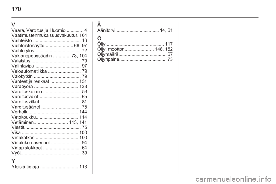 OPEL VIVARO 2014  Ohjekirja (in Finnish) 170
VVaara, Varoitus ja Huomio ............. 4
Vaatimustenmukaisuusvakuutus 164
Vaihteisto  ..................................... 16
Vaihteistonäyttö  .....................68, 97
Vaihto ylös ......
