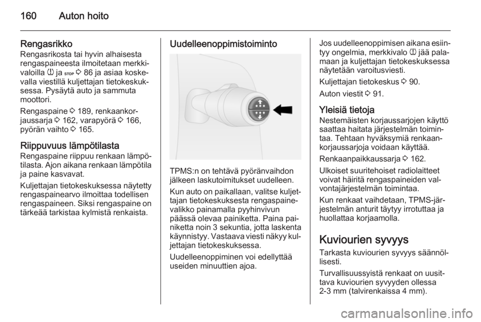 OPEL VIVARO B 2015.5  Ohjekirja (in Finnish) 160Auton hoito
RengasrikkoRengasrikosta tai hyvin alhaisesta
rengaspaineesta ilmoitetaan merkki‐
valoilla  w ja  C 3  86 ja asiaa koske‐
valla viestillä kuljettajan tietokeskuk‐
sessa. Pysäyt�