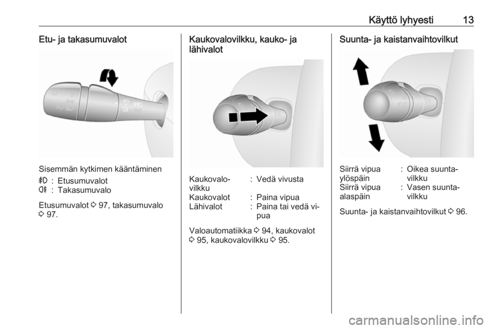 OPEL VIVARO B 2016  Ohjekirja (in Finnish) Käyttö lyhyesti13Etu- ja takasumuvalot
Sisemmän kytkimen kääntäminen
>:Etusumuvalotr:Takasumuvalo
Etusumuvalot 3 97, takasumuvalo
3  97.
Kaukovalovilkku, kauko- ja
lähivalotKaukovalo‐
vilkku: