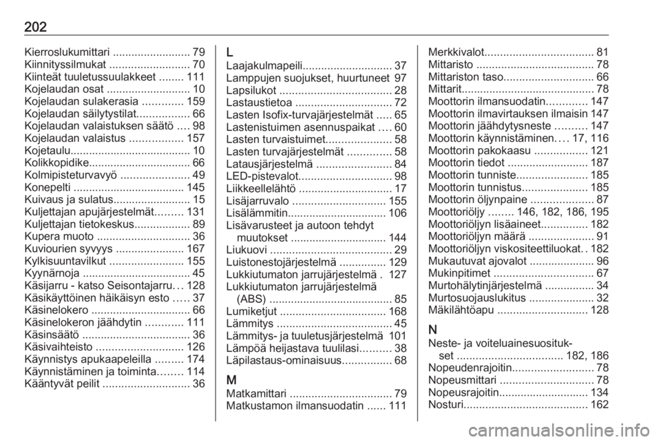 OPEL VIVARO B 2016  Ohjekirja (in Finnish) 202Kierroslukumittari .........................79
Kiinnityssilmukat  ..........................70
Kiinteät tuuletussuulakkeet  ........111
Kojelaudan osat  ........................... 10
Kojelaudan s